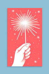 A hand holding a celebration sparkler firework. Hand drawn illustration style