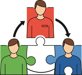 Teamwork, Collaboration, and Integration Puzzle Illustration: Featuring Three Partners Interconnecting Pieces, Management Structure, Human Resources, and Business Solution Concepts.