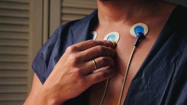 A man wearing a Holter monitor, a portable device that continuously records the heart's electrical activity, electrocardiogram. High quality 4k footage