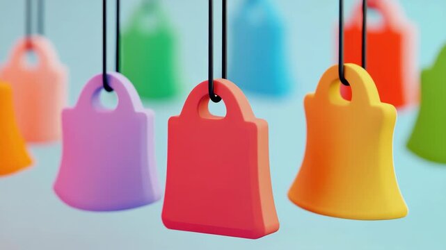 A group of colorful handbells hanging from strings, showcasing a variety of vibrant hues and designs.