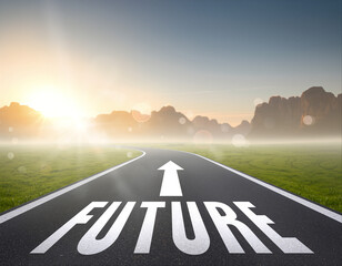 Long winding road leads toward future with mountains and sunlight in the distance