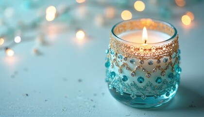 Elegant burning candle in decorative glass jar. Container shines with intricate gold lace patterns, sparkling aqua blue jewels. Casts warm, inviting glow, creating tranquil, festive mood. Ideal for