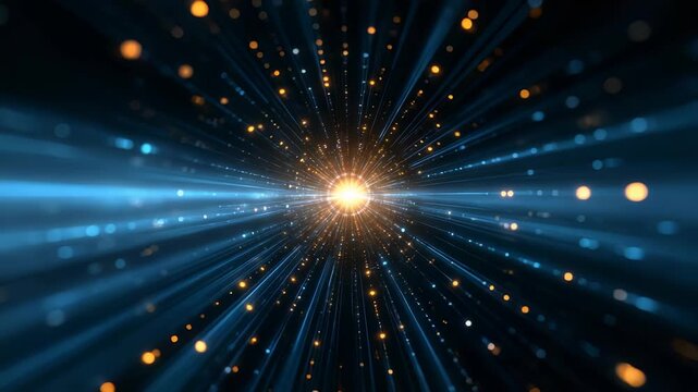 Radiant light beams and sparkling particles emanate from a luminous core, evoking a sense of innovation and technology. The vibrant composition suggests speed, data, and cosmic energy