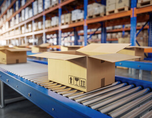 Collection of boxes on conveyor in warehouse during afternoon activity of sorting and packaging