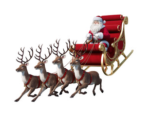 Santa Claus rides in a sleigh pulled by reindeer during a festive winter season with clouds in the background