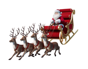Santa Claus rides in a sleigh pulled by reindeer during a festive winter season with clouds in the background