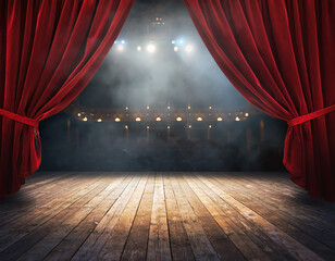 Naklejka premium Dramatic theatre scene with curtains drawn back showing stage ready for performance and audience lights dimmed