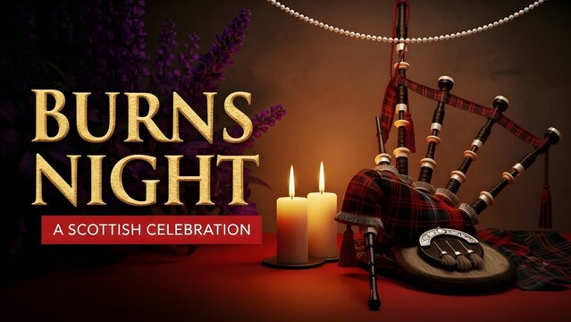 Burns night scottish celebration with candles and bagpipes