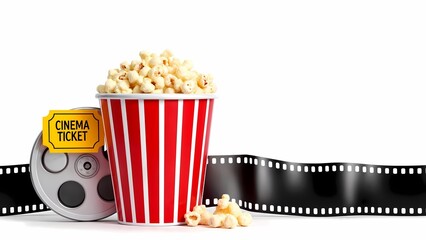 A red and white striped popcorn bucket with popcorn in it.