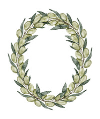 Watercolor painting of olive branch wreath with green olives isolated on white, frame clip art.