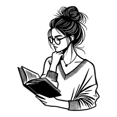 Woman Reading Book Illustration ,Hand Drawn Black and White Line Art Sketch of Thoughtful Student Studying