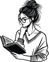 Woman Reading Book Illustration ,Hand Drawn Black and White Line Art Sketch of Thoughtful Student Studying