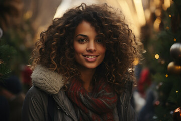 Portrait of a happy mixed race female at a christmas street market