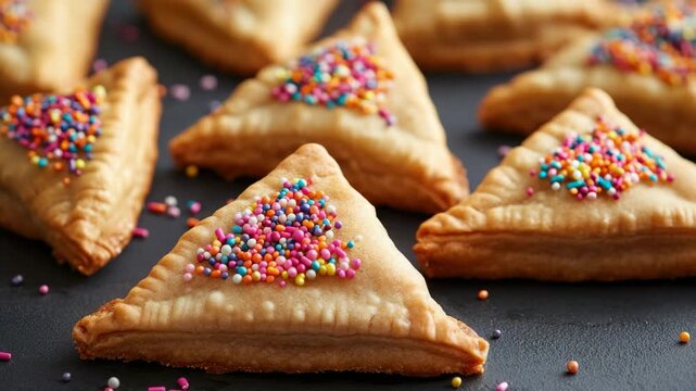 A tray of freshly made dessert pastry with colorful sprinkles on top, arranged in an appealing triangular shape.