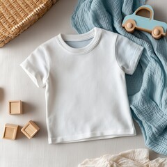 A blank white toddler t-shirt lying flat on a soft linen surface
