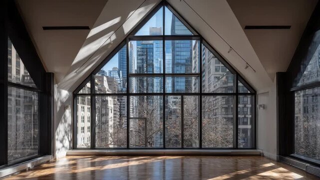 Interior of Modern Loft Apartment with Triangle Window Frame and Cityscape View with Reflected Sunlight on Parquet Floor