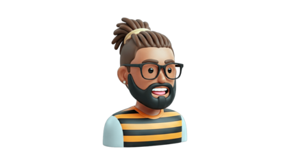 3D Cartoon Man Smiling with Glasses and Beard on White Background