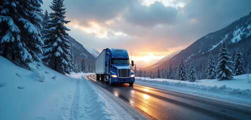 Blue semi-truck drives on snowy mountain road at sunset. Heavy vehicle transports cargo in winter season. Cold weather conditions make icy highway travel difficult. Driver navigates through blizzard.