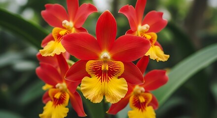 Vibrant Red and Yellow Orchid Blossoms in Full Bloom.