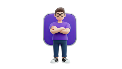 3D Cartoon Man Standing with Arms Crossed on Purple Background