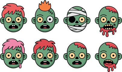 Cute cartoon zombie head collection set with different expressions, wounds, hairstyles and bandages, spooky undead character icons for Halloween design projects