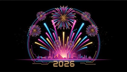 Futuristic 2026 New Year Vector Design with Neon Arc and Vibrant Fireworks Display