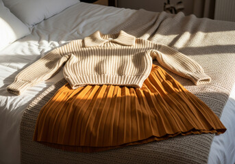 柔らかな陽光が差し込むベッドに置かれた秋色のニットとスカート