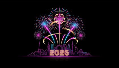 Spectacular 2026 New Year Celebration Vector with Neon Fireworks and World Landmark Silhouettes