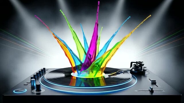 Colorful liquid splash from vinyl turntable in studio