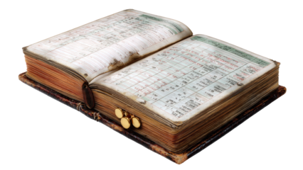 Antique Ledger Book with Gold Coins Isolated