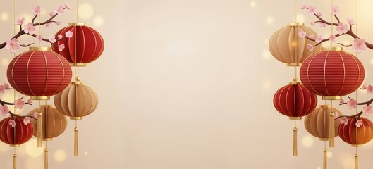 Elegant Chinese Lantern and Sakura Branch Illustration on Soft Golden Background. Traditional Asian Holiday Theme for Festive Designs and Cultural Projects