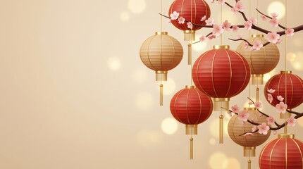 Elegant Chinese Lantern and Sakura Branch Illustration on Soft Golden Background. Traditional Asian Holiday Theme for Festive Designs and Cultural Projects
