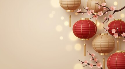 Elegant Chinese Lantern and Sakura Branch Illustration on Soft Golden Background. Traditional Asian Holiday Theme for Festive Designs and Cultural Projects
