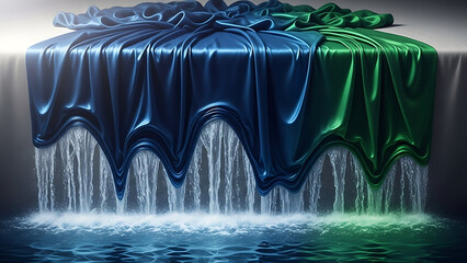 Vibrant blue and green flowing satin fabric creating a cascading waterfall effect with water splashes, elegant abstract design