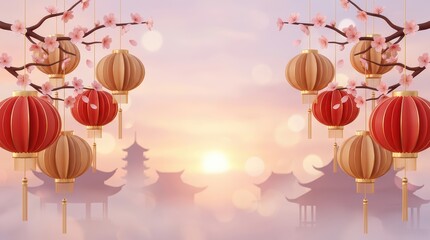 Colorful Red Lantern Illustration with Cherry Blossoms and Asian Temple Silhouettes. Festive Chinese New Year Theme for Cultural Holiday and Celebration Design