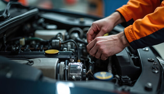 Mechanic repairs auto engine using tools in garage. Hands fix car engine part. Pro auto mechanic service. Vehicle maintenance job. Automotive repair.