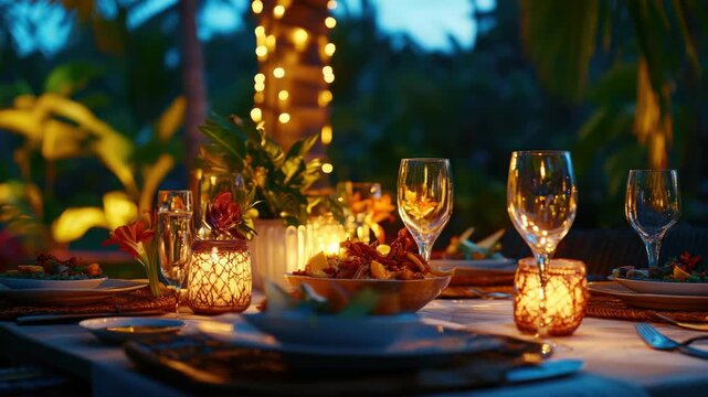 An outdoor evening dinner setup with elegant table decor and candlelight ambiance, inviting guests for a special occasion or holiday celebration.