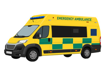 Yellow UK-Style Emergency Ambulance, Modern Ambulance with Green and Yellow Battenburg Markings