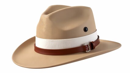A tan hat with a white band and a brown leather belt.