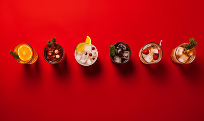 Overhead top down view of christmas cocktails on a bar