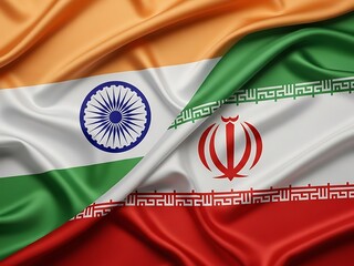 Wavy, textured silk flags of India and Iran draped together, representing international relations and diplomatic ties.