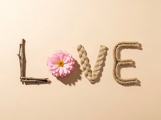 Creative typography spelling "LOVE" using natural elements: sticks for 'L', a pink flower for 'O', and braided rope for 'V' and 'E'.