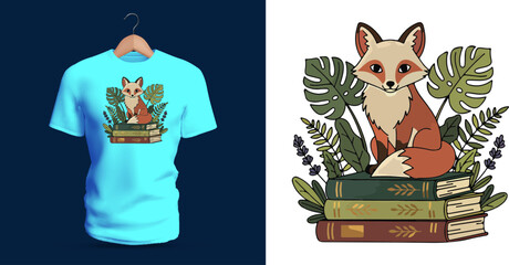 Fototapeta premium Vector T-shirt design of a cute fox sitting atop a stack of books surrounded by leafy plants. Soft fur details, expressive eyes, and decorative foliage create a charming cozy woodland illustration.