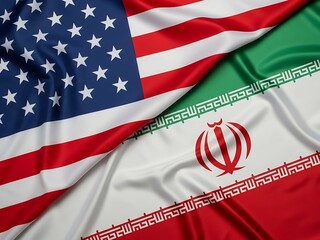 Wavy, textured silk flags of the United States of America and Iran draped together, representing international relations and political discussion.