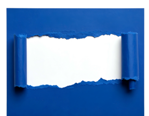 Ripped blue paper reveals a white void