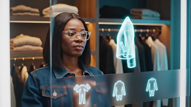 Woman shops using holographic touchscreen selecting virtual clothing in store. Digital fashion interface with holographic clothes. Woman touches virtual clothing on transparent retail display.