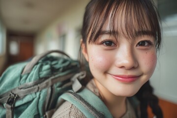 Young woman smiling warmly at camera wearing a backpack in a blurred school corridor