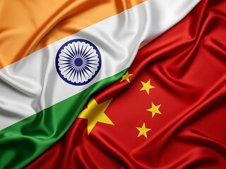 Waving Flags of India and China Intertwined, Symbolizing Bilateral Relations
