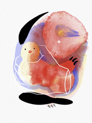 Expressive illustration of the silent violence concept. Red and blue watercolor art. Cute, sweet faces and strong hand showing psychological abuse.