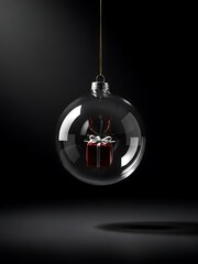 Minimalist Christmas Bauble with Red Gift Inside on Dark Background